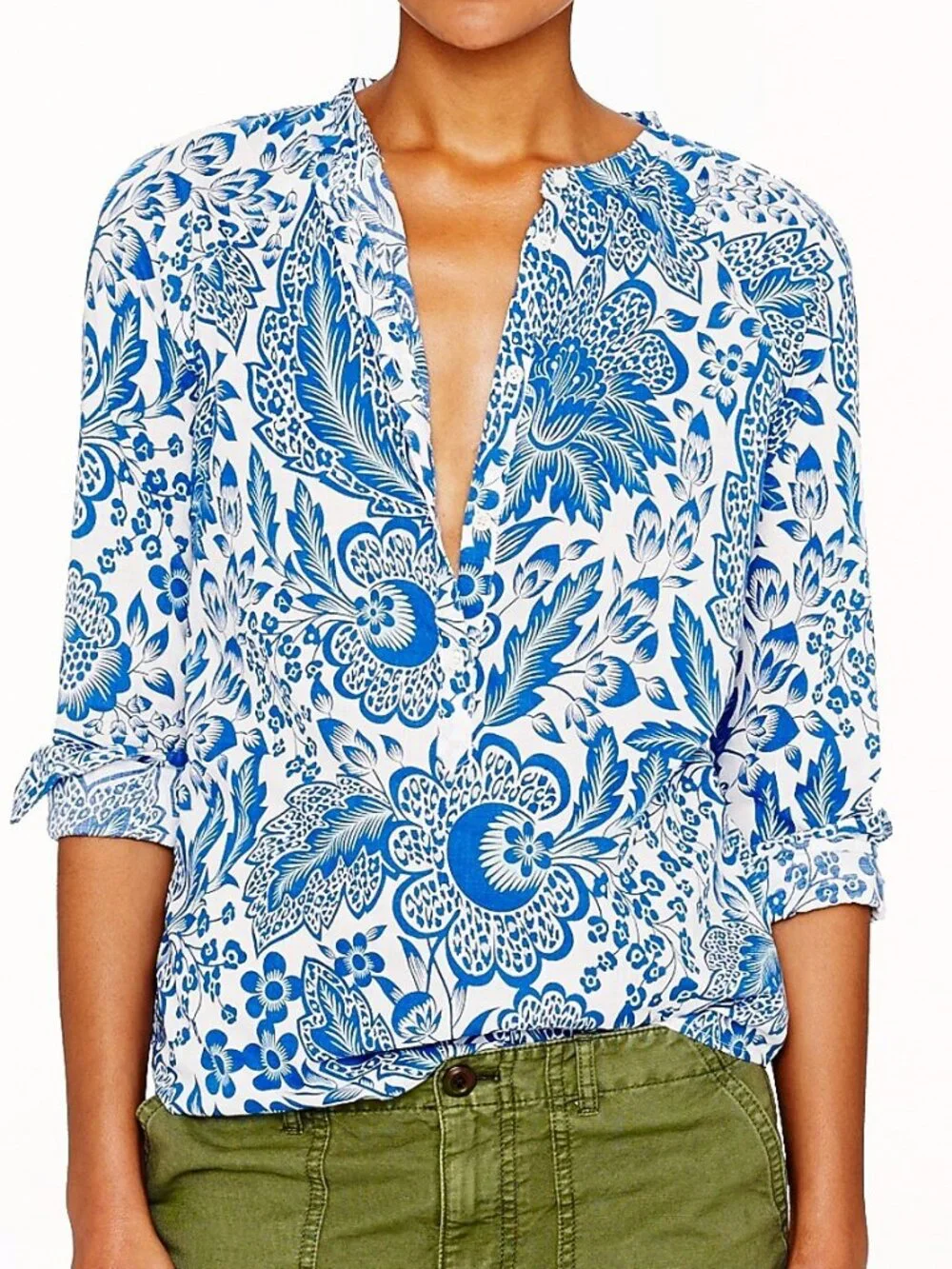 J. Crew Raglan Popover Shirt in blue & white floral paisley print cotton